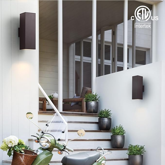 mirrea 18" Modern Outdoor Porch Light Patio Light in 2 Lights with Aluminum Rectangular Tube and Tempered Glass Cover Waterproof Wall Sconce 2 Pack (Oil Rubbed Bronze)