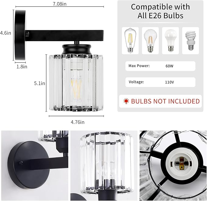 TISLYCO Black Wall Sconces Set of 2, Bathroom Wall Lighting Fixtures Over Mirror, Vanity Light, Modern Glass Shade Wall Lamp Black Indoor Decor for Bedroom Living Room Entryway