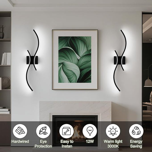 CANEOE Modern LED Wall Sconce Set of Two, 6000K Warm White Led Wall Light Fixture, 31.5inch Black Modern Sconces Wall Lighting for Bedroom, Living Room, Hallway, Staircase, Bathroom