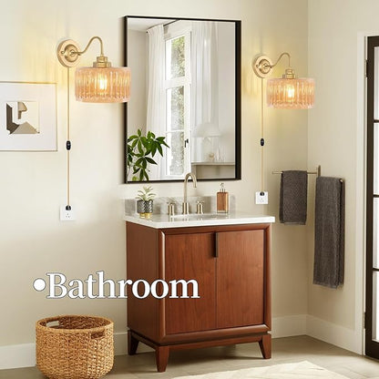 ZECOXOL Vintage Plug in Wall Sconces,Dimmable Wall Sconces of Two,Wall Lamps with Plug in Cord & Flower Glass Lampshade,Gold Sconces Wall Decor Set of 2 Wall Lights Sconces for Bedroom