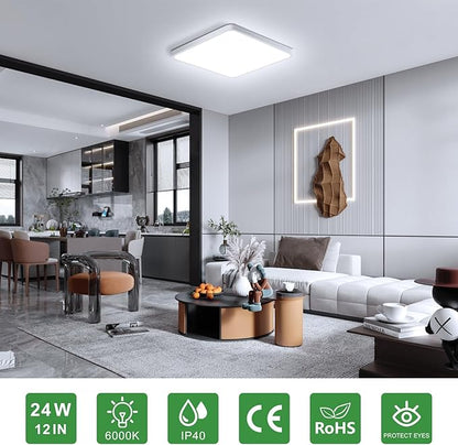 LightingWill 12Inch 24W Square LED Ceiling Light Fixtures, Flush Mount, Modern, White, 6000K Cold White, 3200LM, Kitchen, Bathroom, Bedroom