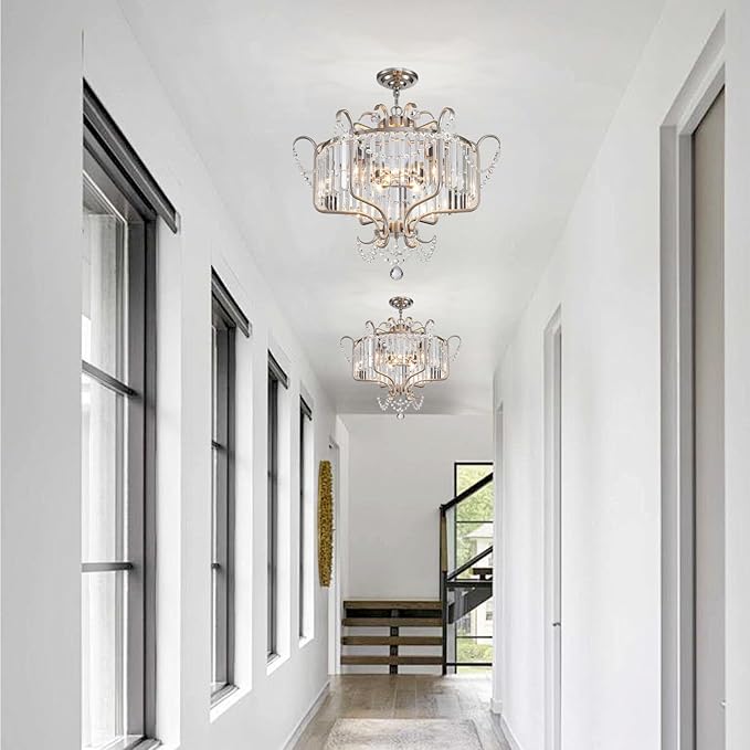 Modern Crystal Chandelier for Dining Room 24" Brushed Nickel Light Fixtures 6-Light Farmhouse Pendant Lighting for Kitchen Island Bedroom Hallway Entryway