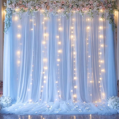 Blue Tulle Backdrop Curtains with Lights String for Parites Baby Shower 30×8ft Blue Sheer Backdrop Curtains Drapes for Bridal Shower Birthday Party Photo Shoot Background Decorations(6 Panels 5×8ft)