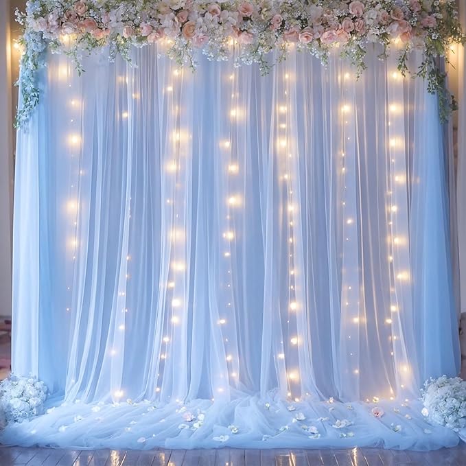 10×12ft Baby Blue Sheer Tulle Backdrop Curtains with Lights String for Parties Baby Shower Decorations for Boy Bridal Shower Birthday Party Photo Shoot Background Wall Decorations 2 Panels 5×12ft