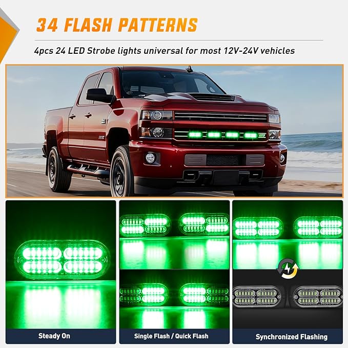 Nilight 4PCS 24LED Emergency Strobe lights 12V 24V Green Surface Mount Grille Hazard Safety Warning Light Sync Feature Side Flashing Marker Flash for Car Truck Campers