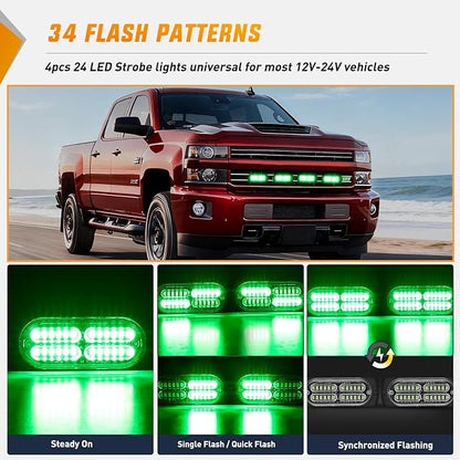 Nilight 4PCS 24LED Emergency Strobe lights 12V 24V Green Surface Mount Grille Hazard Safety Warning Light Sync Feature Side Flashing Marker Flash for Car Truck Campers