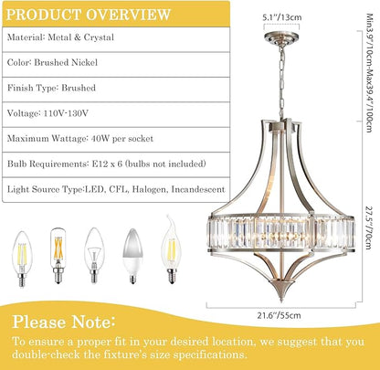 Brushed Nickel Chandeliers for Dining Room, 22 Inch Crystal Light Fixture 6-Light Modern Round Large Chandeliers for Kitchen Hallway Bedroom Foyer Hall Adjustable Height Hanging Light