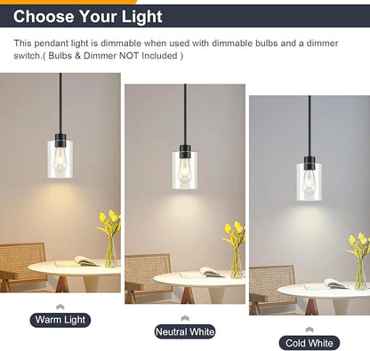 Modern Farmhouse Black Pendant Lights, Mini Hanging Light Fixture with Clear Glass Shade, Adjustable Rods for Kitchen Island, Sink, Bar (1 Pack)