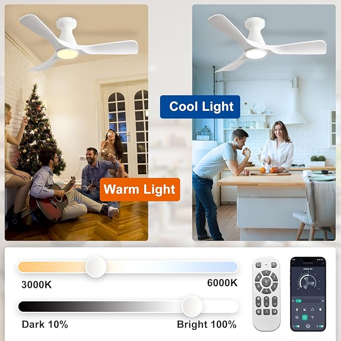 Depuley Ceiling Fans with Lights and Remote: Flush Mount Low Profile Ceiling Fan for Bedroom - Dimmable Indoor Outdoor Fan with APP Control White Timer