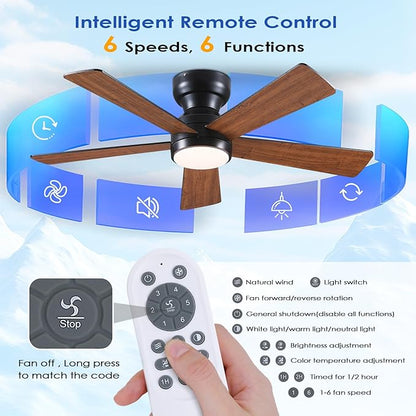 BYKISTOK Ceiling Fans with Lights Flush Mount - 46in Low Profile Ceiling Fan Remote Control with 5 Dual-Sided Blades, Reversible 6 Speeds, Dimming & 2H Timing, Indoor Fan Light for Bedroom, Kitchen