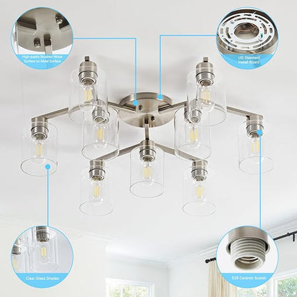 Brushed Nickel 9 Light Dining Room Ceiling Light Fixture Large Semi Flush Mount Ceiling Light Fixture Kitchen Lighting Fixtures Ceiling Light for Living Room with Clear Glass Shades
