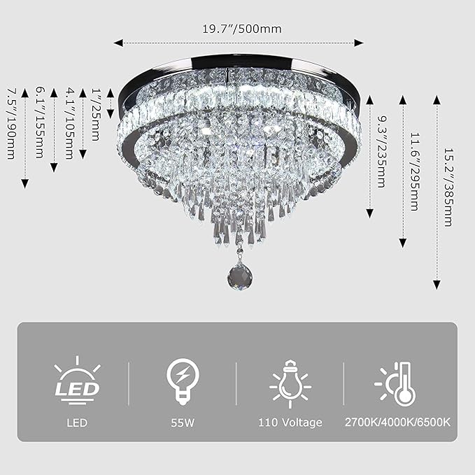 FRIXCHUR 19.7" Modern Crystal Chandeliers Crystal Ceiling Light LED Remote Control Chandelier Light Fixture for Bedrooms Living Room Dining Room Lights (Dimmable)
