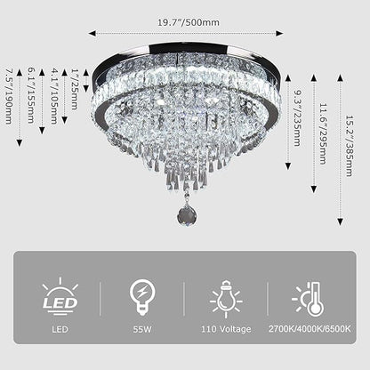 FRIXCHUR 19.7" Modern Crystal Chandeliers Crystal Ceiling Light LED Remote Control Chandelier Light Fixture for Bedrooms Living Room Dining Room Lights (Dimmable)
