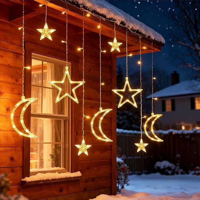 Moon Stars Solar String Lights for Outdoor, Christmas Decorations Curtain Lights with Remote Control and USB Backup Charger, Automatic ON-Off, IP65 Waterproof, Warm Yellow