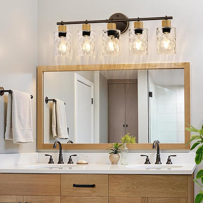 MOKATNG Bathroom Light Fixtures, 5-Light Coastal Vanity Lights with Crystal Glass Shade, Oil-Rubbed Bronze Bathroom Wall Lamp for Mirror Kitchen Hallway Cabinet