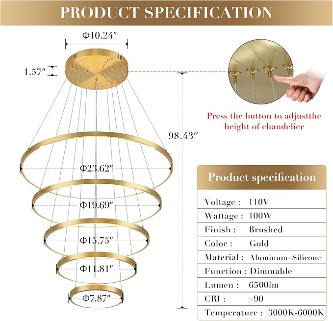 Modern LED Chandelier High Ceiling 5 Ring Gold Chandeliers Foyer Dimmable Ceiling Pendant Light Fixture Contemporary Flush Mount Chandelier for Staircase Living Room, 3000K-6500K