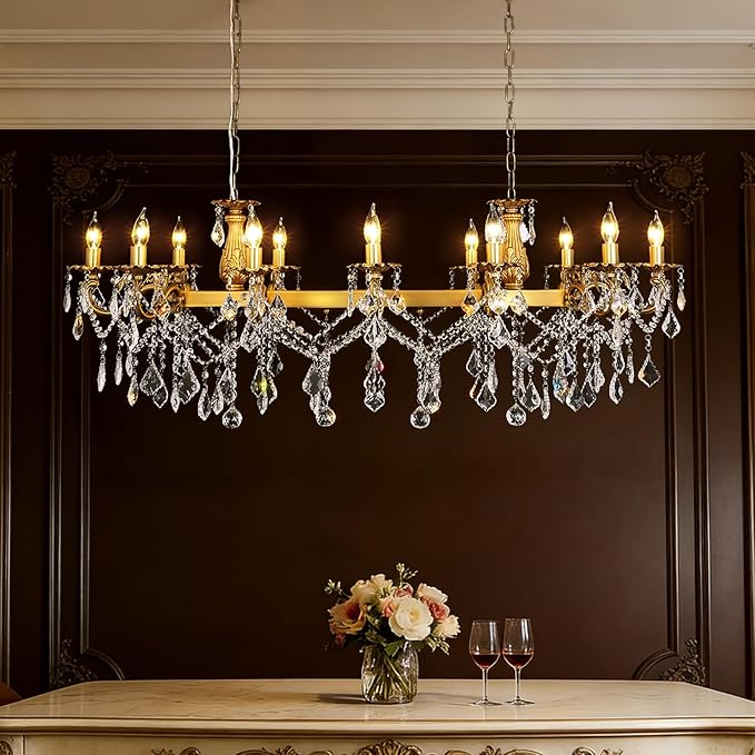 Rectangle Crystal Chandeliers Extra large modern Chandelier Island Lighting 12 Lights Candle Pendant Rectangle Hanging Ceiling Light Fixture for Dining Room Living Room Kitchen Island Entry L51.95