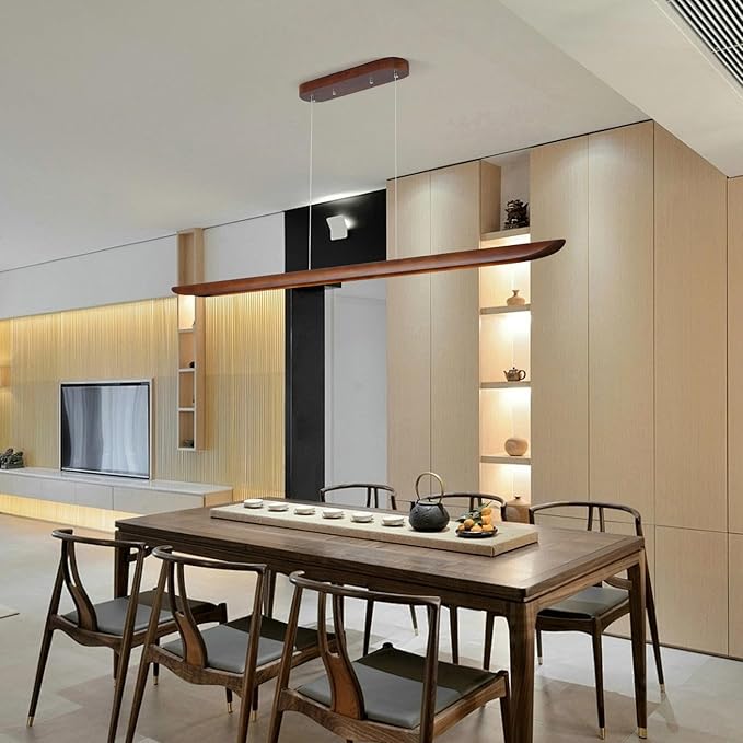 55" Wood Linear Pendant Light, Dimmable Kitchen Island Lighting with Remote, 40W LED Island Lights for Kitchen, Adjustable Linear Chandelier for Dinning Room Light Fixture, Bar, Pool Table Light