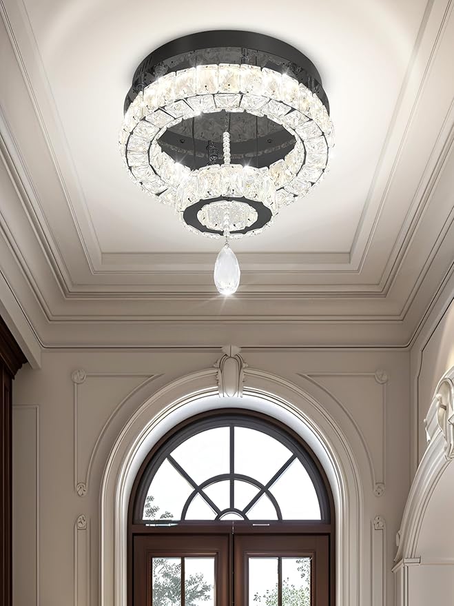 Flashing God Dia 12" Mini Chandelier Modern Crystal Chandeliers for Hallway Black Flush Mount Ceiling Light Modern Chandeliers Lighting for Bedroom Staircase Kitchen