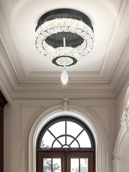 Flashing God Dia 12" Mini Chandelier Modern Crystal Chandeliers for Hallway Black Flush Mount Ceiling Light Modern Chandeliers Lighting for Bedroom Staircase Kitchen