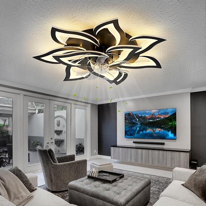 32inch Black Flower Modern Ceiling Fans with Lights, Low Profile Ceiling Fan with Remote for Bedroom, Flush Mount Ceiling Fan with LED Dimmable Light,6-Speeds, Timing Ceiling Fan Light