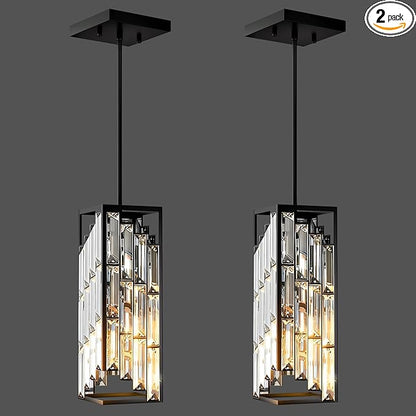 Black Pendant Lights Kitchen Island 2 Pack, Mini Crystal Chandeliers, Modern Pendant Lights Ceiling Lighting Fixtures for Kitchen Island, Dinning Room, Bedroom