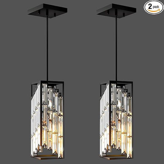 Black Pendant Lights Kitchen Island 2 Pack, Mini Crystal Chandeliers, Modern Pendant Lights Ceiling Lighting Fixtures for Kitchen Island, Dinning Room, Bedroom