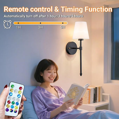 Battery Operated Wall Sconces Set Of 2, Wireless Battery Wall Light With 10000mAh RGB Rechargeable Magnetic Bulb, Rechargeable Wall Sconce With Remote Control For Bedroom, No Electrician Required