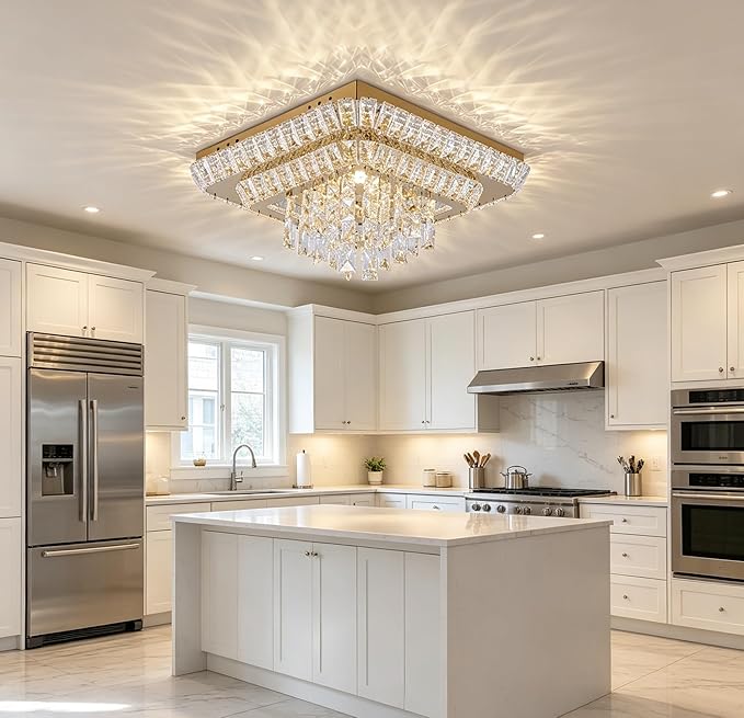 Miuyhji Elegant LED Crystal Raindrop Ceiling Light,18in Square Flush Mount Chandelier with Remote for Living Room Kitchen Island Bedroom Hallway Entryway Foyer (Dimmable)