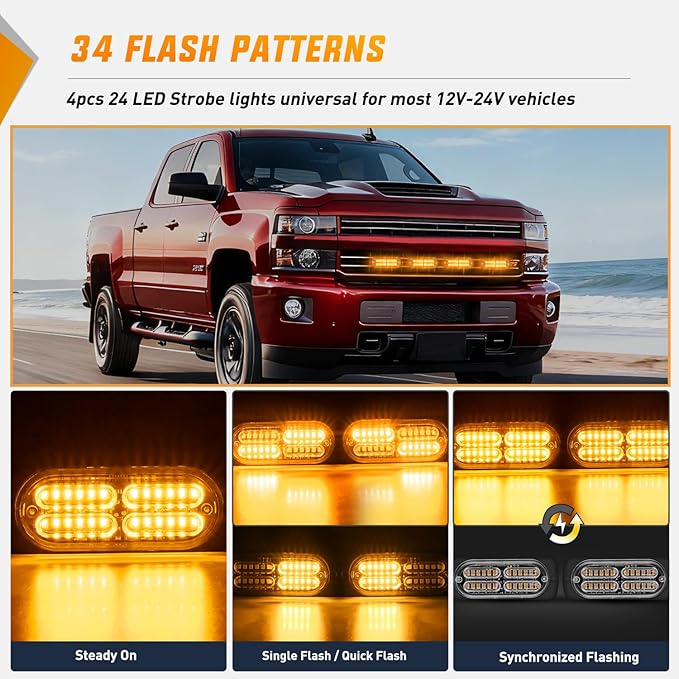 Nilight 4PCS 24LED Emergency Strobe lights 12V 24V Amber Surface Mount Grille Hazard Safety Warning Light Sync Feature Side Flashing Marker Flash for Car Truck Campers