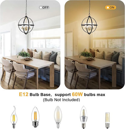 Treekee Rustic Chandelier, 14" Farmhouse Globe Orb Pendant Light, Vintage Black and Gold 3-Light E12 Adjustable Ceiling Hanging Fixture for Kitchen, Dining Room, Living Room, Bedroom, Entryway, Foyer