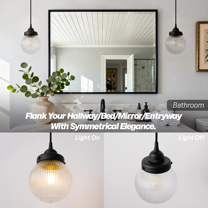 Vintage Ceiling Pendant Light with Clear Ribbed Glass Lampshade, Farmhouse Kitchen Island Hanging Light Fixture for Dining Room Hallway Entryway