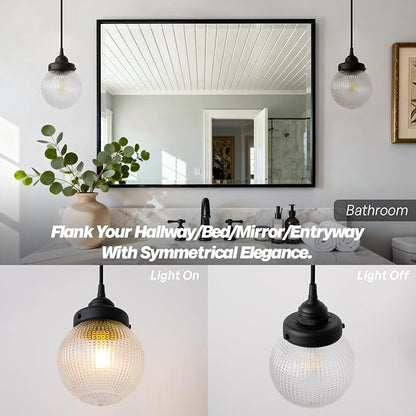 Vintage Ceiling Pendant Light with Clear Ribbed Glass Lampshade, Farmhouse Kitchen Island Hanging Light Fixture for Dining Room Hallway Entryway