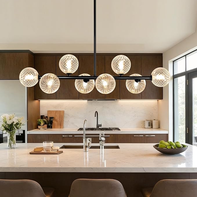 Linear Chandeliers for Dining Room, 8-Light Clear Swirled Glass Globe 37" Mid Century Modern Sputnik Chandeliers Bubble Chandelier Black Dining Room Chandelier Pendant Lights Kitchen Island