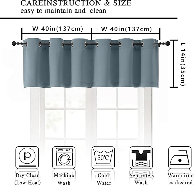 Simplebrand Stone Blue Window Valance for Kitchen 14 Inches Long 2 Panels Set, Room Darkening Valance Curtains for Living Room, Grommet Short Privacy Kitchen Curtains for Bedroom Kids Room, 40Wx14L