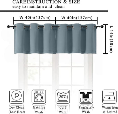 Simplebrand Stone Blue Window Valance for Kitchen 14 Inches Long 2 Panels Set, Room Darkening Valance Curtains for Living Room, Grommet Short Privacy Kitchen Curtains for Bedroom Kids Room, 40Wx14L