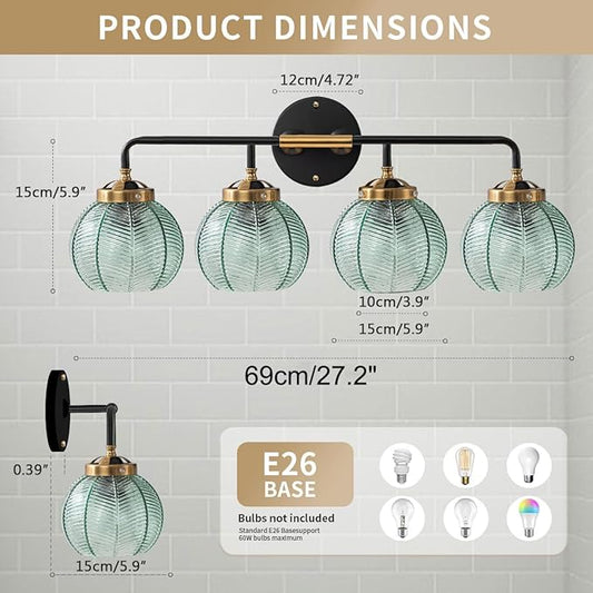 2-Pack Glass Wall 4-Lights Bathroom Vanity Light fixtures Green Glass Globe Shade Mid Century Modern Light Fixture Black Large Wall Sconce for Over Mirror Bath Living Room Cabinet