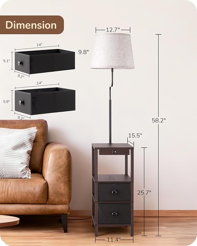 EDISHINE Floor Lamps for Living Room, Dimmable Bedside Floor Lamp with Table and 2 Shelves, USB-A+Type-C Port, Farmhouse Standing Light for Bedroom, Den, Office with Bulb, Dark Walnut
