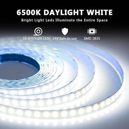 dalattin White COB LED Strip Lights, 16.4ft Dimmable Super Bright 24V Led Tape Light 6500K 1600 LEDs Daylight White Lights for Bedrooms, Mirror, Kitchen, Home Decoration