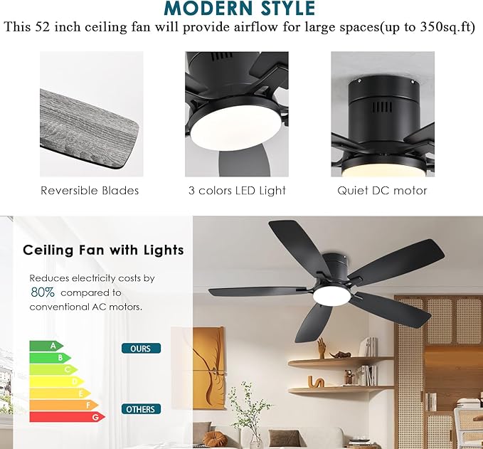 Ayaoty Ceiling Fans with Lights, 52 inch Low Profile Ceiling Fan with Light and Remote Control, Flush Mount, Reversible Motor, Dimmable, Noiseless, Black Ceiling Fan for Bedroom, Indoor/Outdoor Use