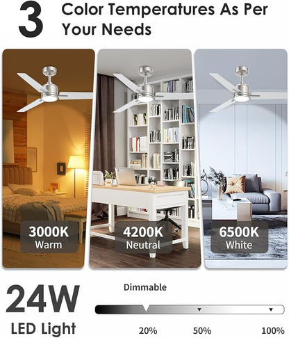 52 inch Ceiling Fans with Lights and Remote, Brushed Nickel Ceiling Fans Dimmable 3 Color Temperature, Timer, 3 Blades, 6 Speed Modern Fan Quiet Reversible DC Motor for Indoor or Covered Outdoor