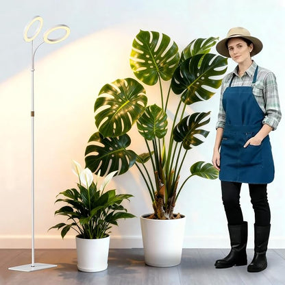 Dual Head Grow Light for Indoor Plants,Full Spectrum Halo Plant Lights with Stand, Floor Standing Growing Lamp with Adjustable Height,Auto Timer,Dimmable Brightness for Tall Large Plant（White