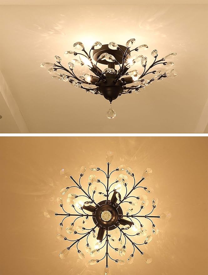 Garwarm 4 Lights Vintage Crystal Chandeliers Ceiling Lights Crystal Pendant Lighting Ceiling Light Fixtures Chandeliers Lighting for Living Room Bedroom Restaurant Porch Chandelier(Black)