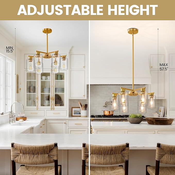 6-Light Modern Gold Chandelier Farmhouse Dining Room Light Fixture with Clear Glass Shade Hanging Ceiling Pendant Lighting for Kitchen Island Living Room Hallway