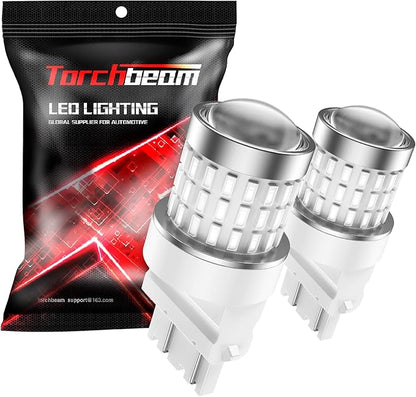 Torchbeam LED Brake Tail Light Bulbs, Newly 3157 LED Red Bulb, Super Bright 3056 3057 4157 3047LL 3457 57-SMD LED Chipset with Projector Len for Tail Stop Signal Parking Lights, Brilliant Red (2 Pcs)