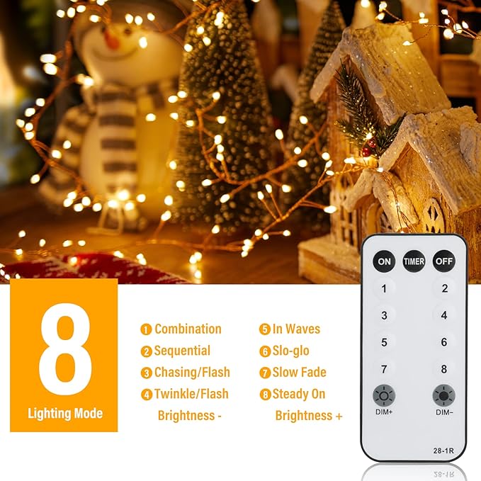 Minetom Fairy Lights Plug in, 23Feet 400LED Cluster String Lights, Copper Wire Waterproof Starry Firecracker Lights for Ceiling Bedroom Wreath Window Wedding Christmas Tree Decorations, Warm White
