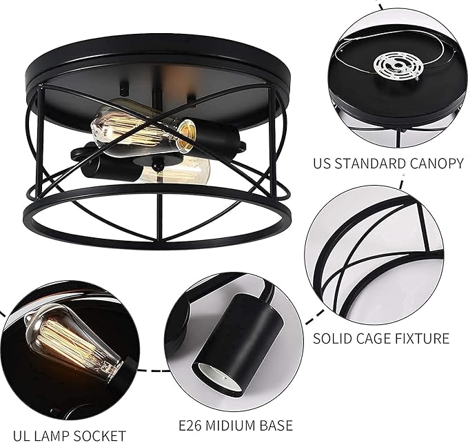 2-Light Flush Mount Black Ceiling Light Fixture, Farmhouse Vintage Industrial Metal Cage, Dimmable for Hallway Kitchen Bedroom Living Room Laundry Utility Room Closet Bathroom Entryway Office