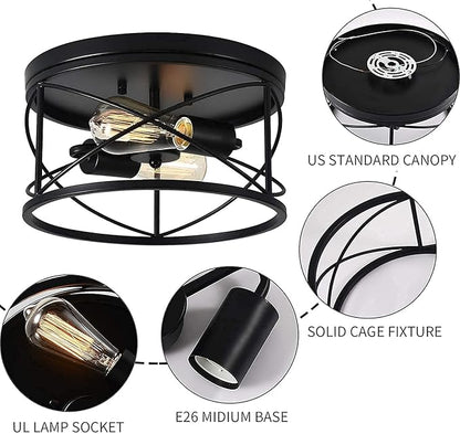 2-Light Flush Mount Black Ceiling Light Fixture, Farmhouse Vintage Industrial Metal Cage, Dimmable for Hallway Kitchen Bedroom Living Room Laundry Utility Room Closet Bathroom Entryway Office