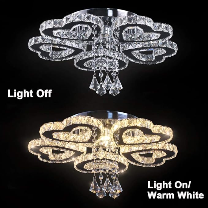 Heart 5 Rings Crystal Chandelier, Modern LED Flush Mount Ceiling Light with K9 Crystals Light Fixture for Bedroom, Living Room, Kitchen Warm White