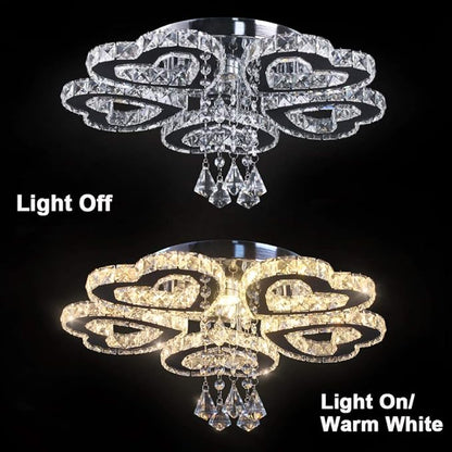 Heart 5 Rings Crystal Chandelier, Modern LED Flush Mount Ceiling Light with K9 Crystals Light Fixture for Bedroom, Living Room, Kitchen Warm White